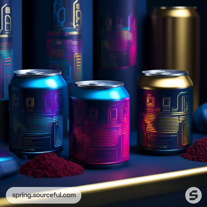 Futuristic drink cans with vibrant, geometric tech-inspired designs in blue, purple, and gold under dramatic lighting.