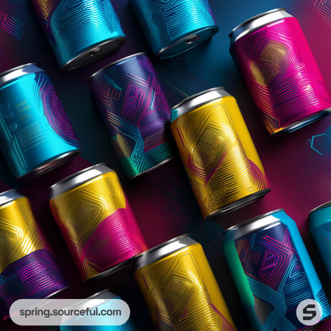 Colorful soda cans with abstract geometric patterns in teal, purple, and gold on a vibrant background.
