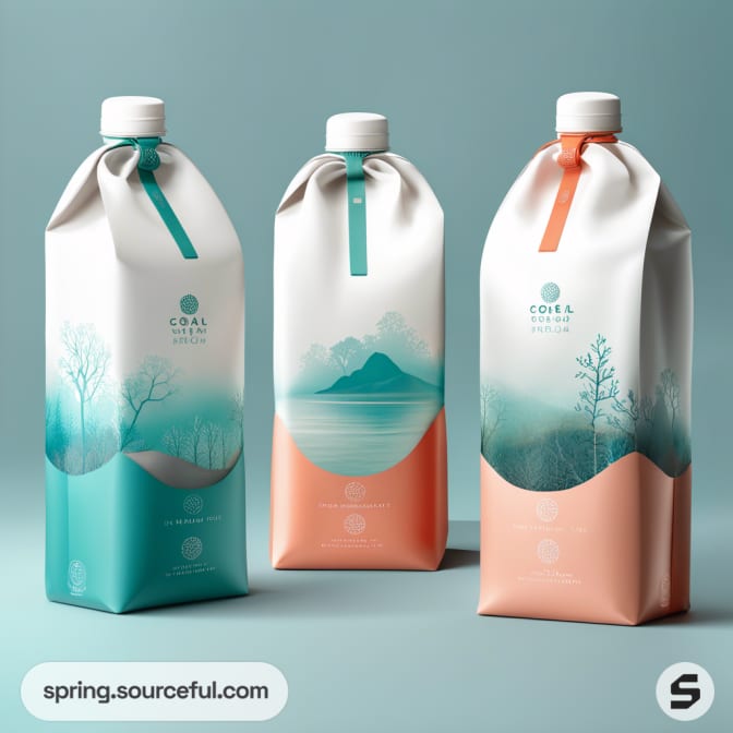 Three eco-friendly carton bottles with ocean and mountain designs, featuring teal and peach color themes.