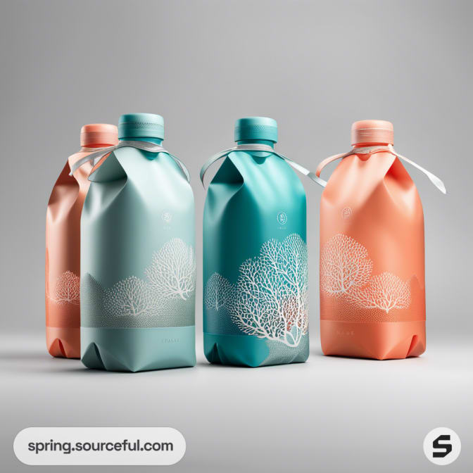 Four soft-colored eco-friendly bottles with nature designs on a gray background.