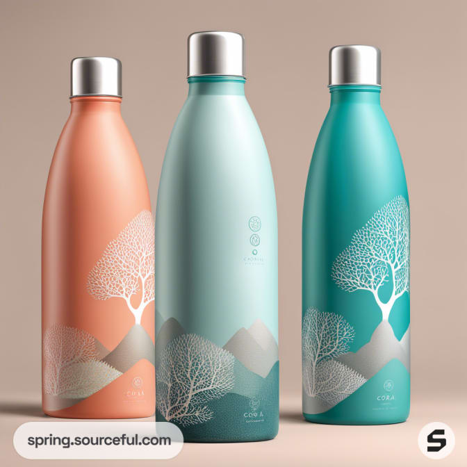 Three stylish stainless steel water bottles in orange, mint, and teal with tree and mountain designs.