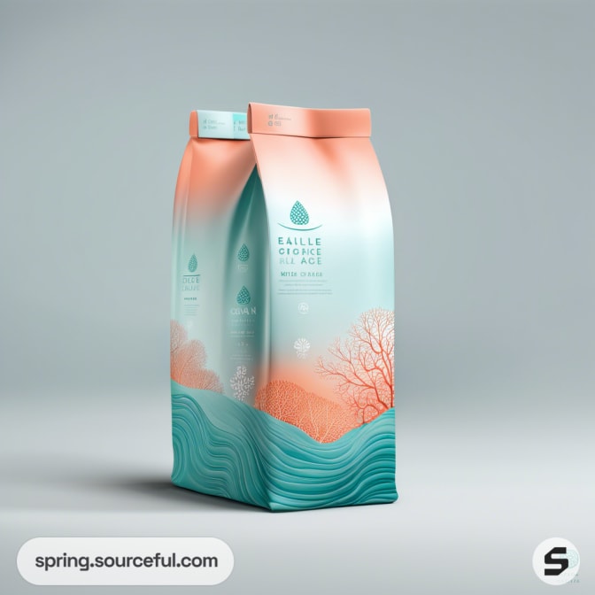 Peach and teal coffee bag with ocean and coral design, featuring a resealable top, on a light gray background.