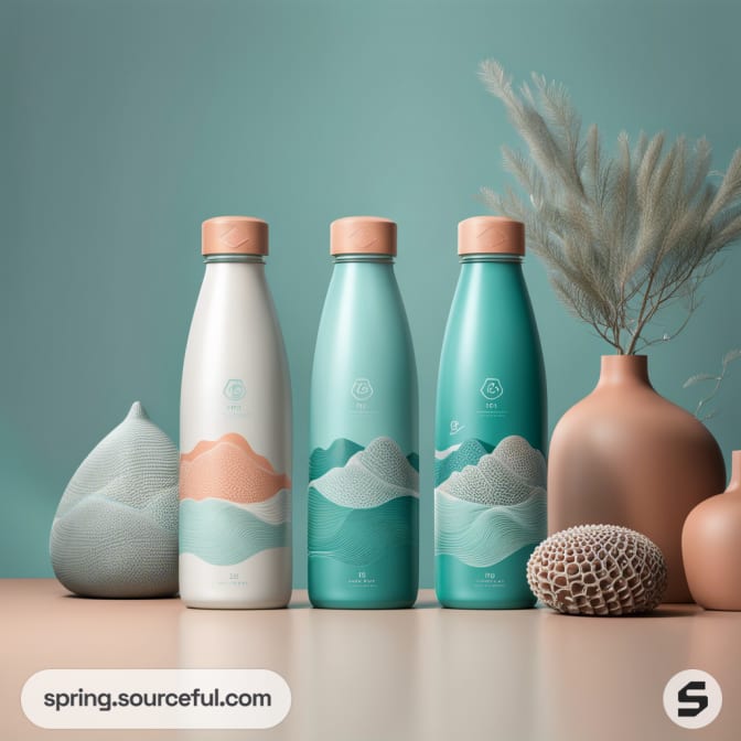 Three eco-friendly bottles with nature-themed designs in pastel colors, placed on a table with decorative vases.