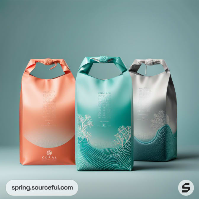 Elegant resealable pouches with nature-inspired designs in orange and teal color gradients.