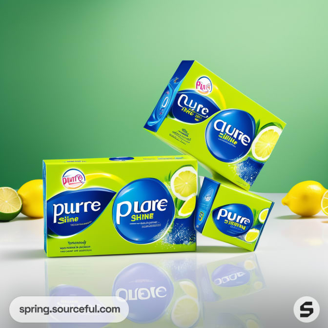 Green and blue detergent boxes with lemon designs on a green background.