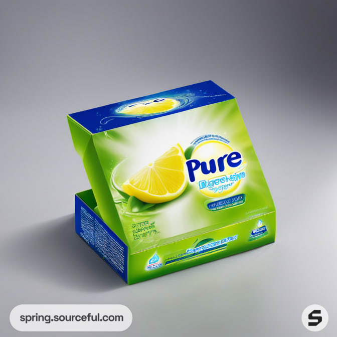 Lemon-themed green and blue detergent box on a gray background.