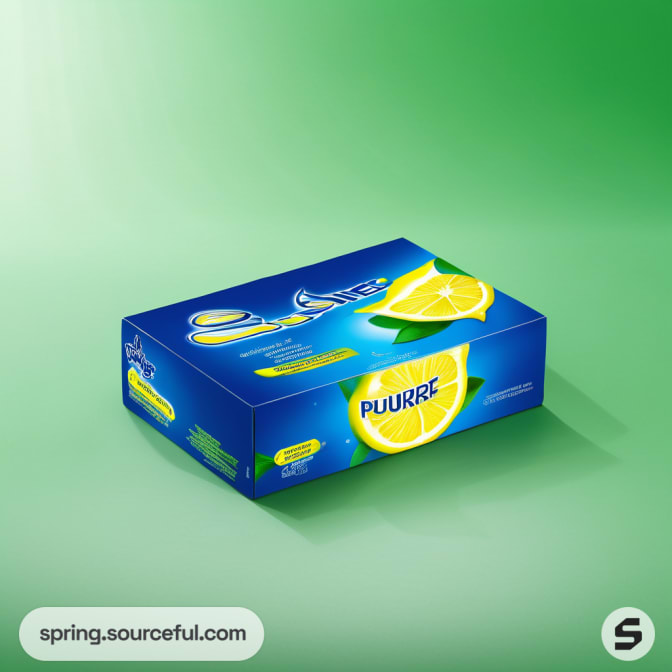Blue detergent box with lemon design on a green background.