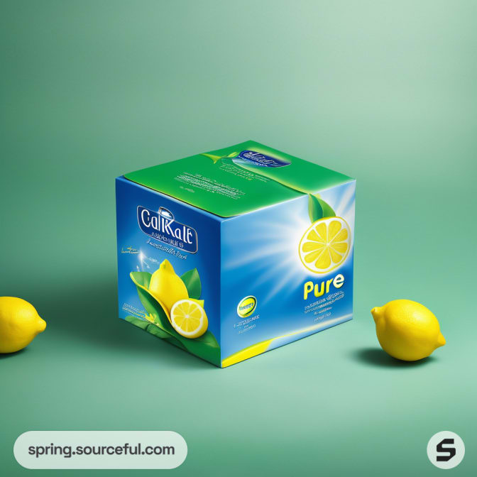 Square green detergent box with lemon imagery and lemons on either side.