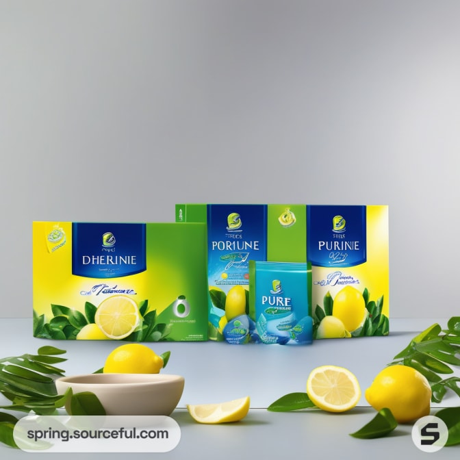 Set of yellow and blue detergent packaging with lemons and leaves around.