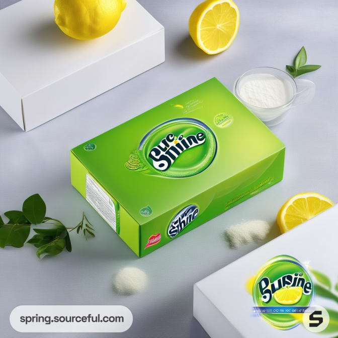 Green detergent box with lemons and a glass of milk on a white surface.