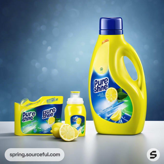 Yellow detergent bottle and pack with lemon design on a blue background.