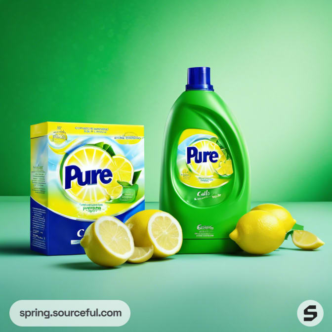 Green detergent bottle and yellow box with lemon design on a green background.