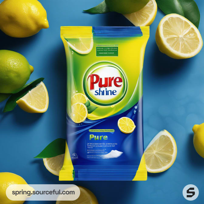 Blue and yellow detergent sachet with lemon theme on a blue background.
