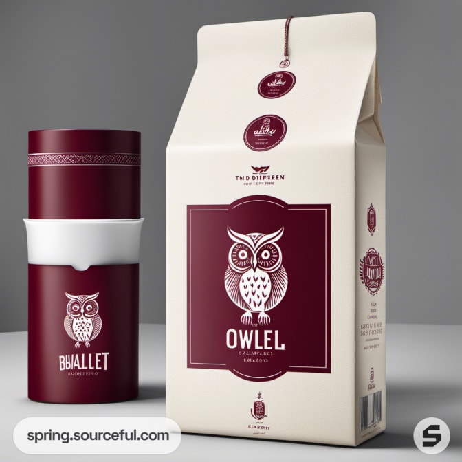 Burgundy and cream coffee packaging with owl design.