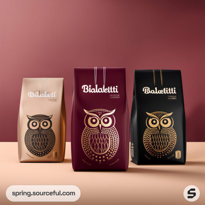 Three coffee bags in burgundy, cream, and black with owl design.