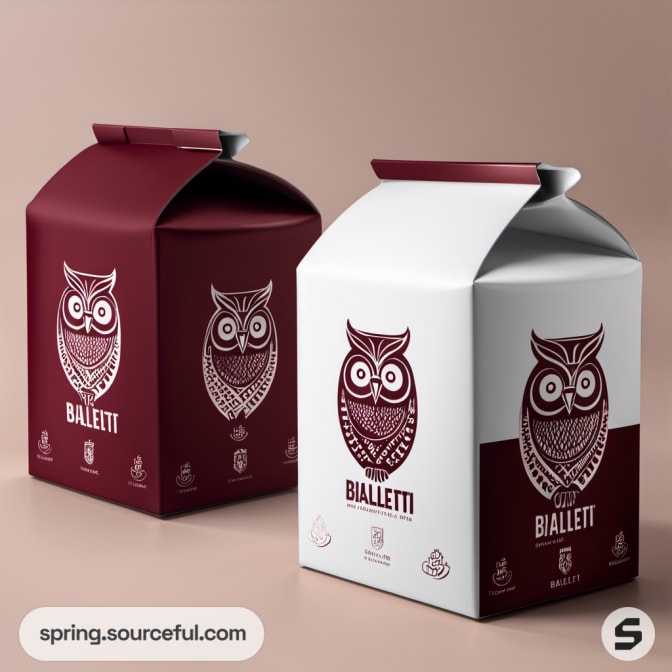 Burgundy and white cubes with owl design packaging.