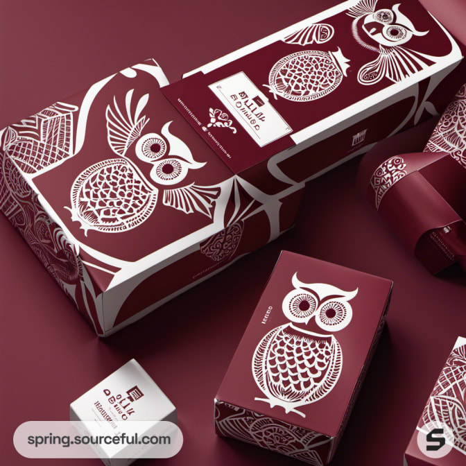 Owl-themed burgundy and white rectangular gift boxes.