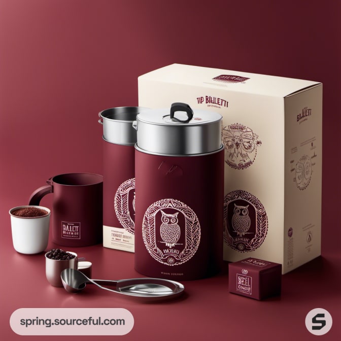 Burgundy coffee containers and accessories with owl design.