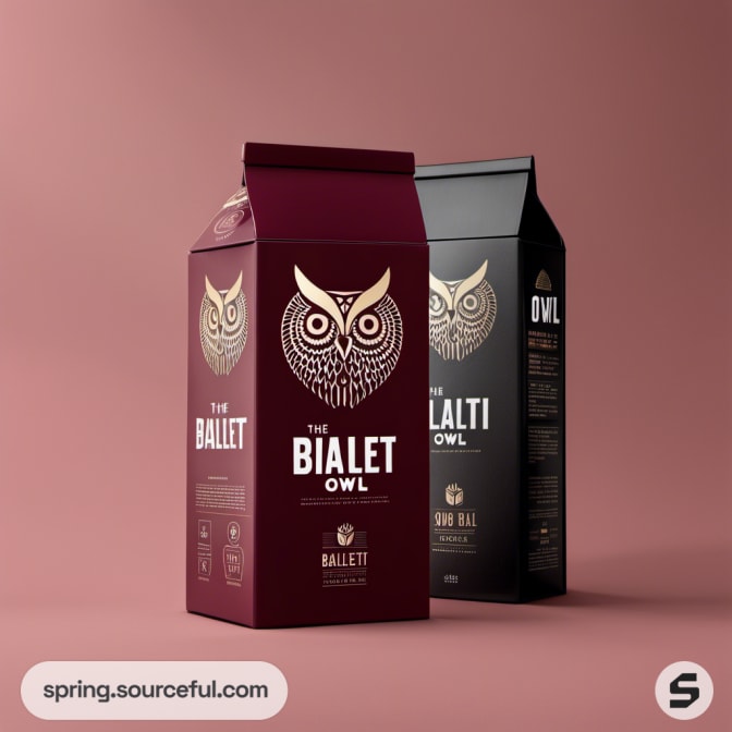 Burgundy and black cartons with gold owl design.