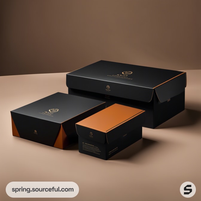 Luxurious black and gold cardboard boxes on a brown background.