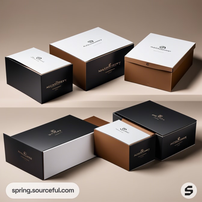 Elegant black and brown cardboard boxes with gold accents.