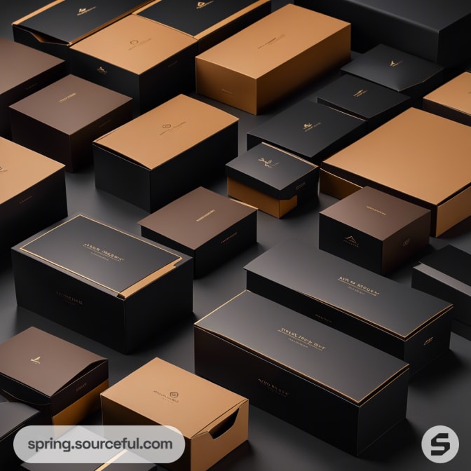 Various sizes of black and gold luxury boxes arranged neatly.