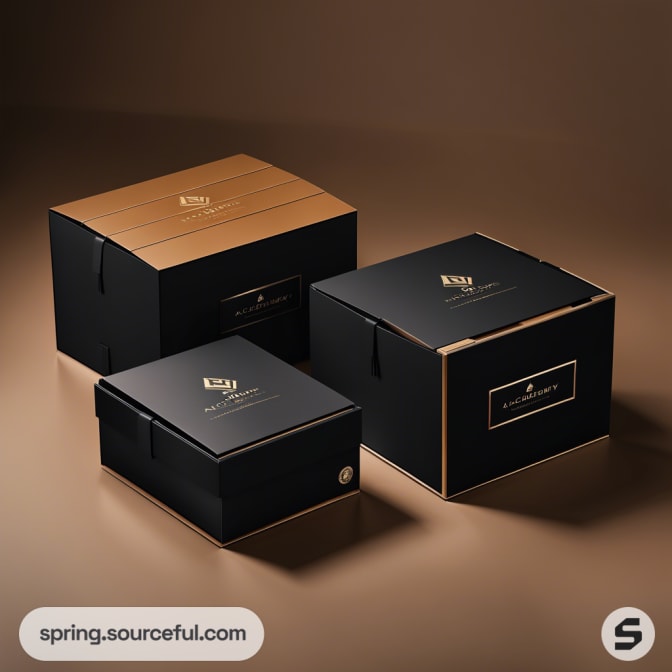 Three black and gold cardboard boxes on a brown backdrop.