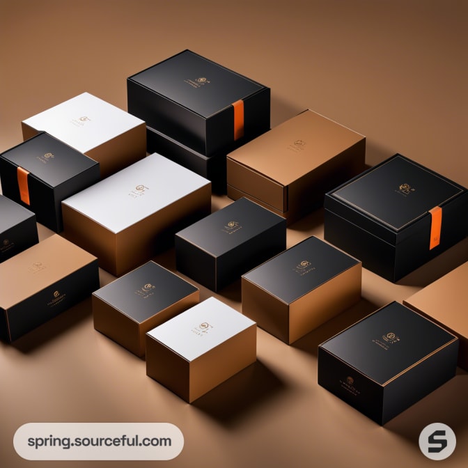 Assorted black, brown, and white luxury gift boxes.