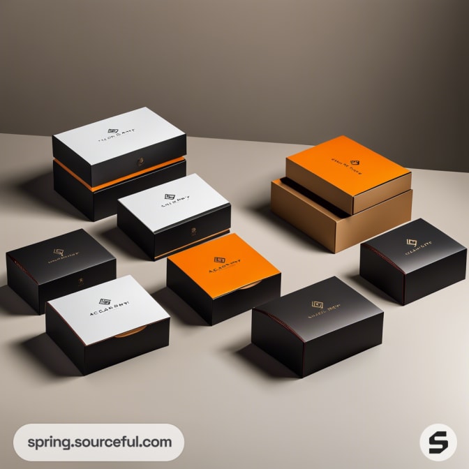 Array of black, white, and orange luxury cardboard boxes.