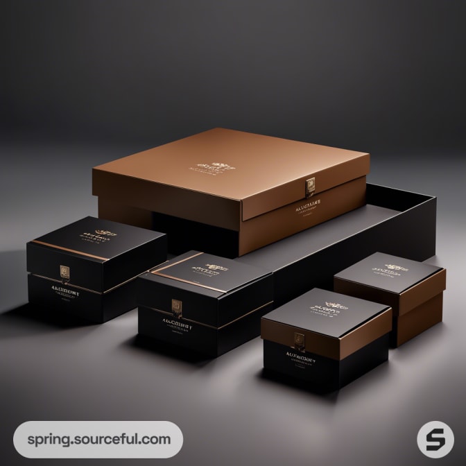 Large brown and black luxury gift boxes arranged neatly.