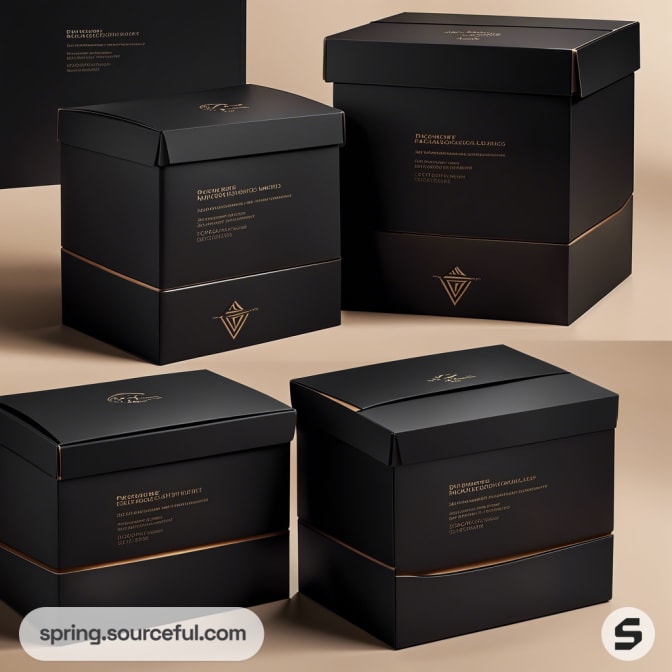 Black square boxes with gold text on a beige background.