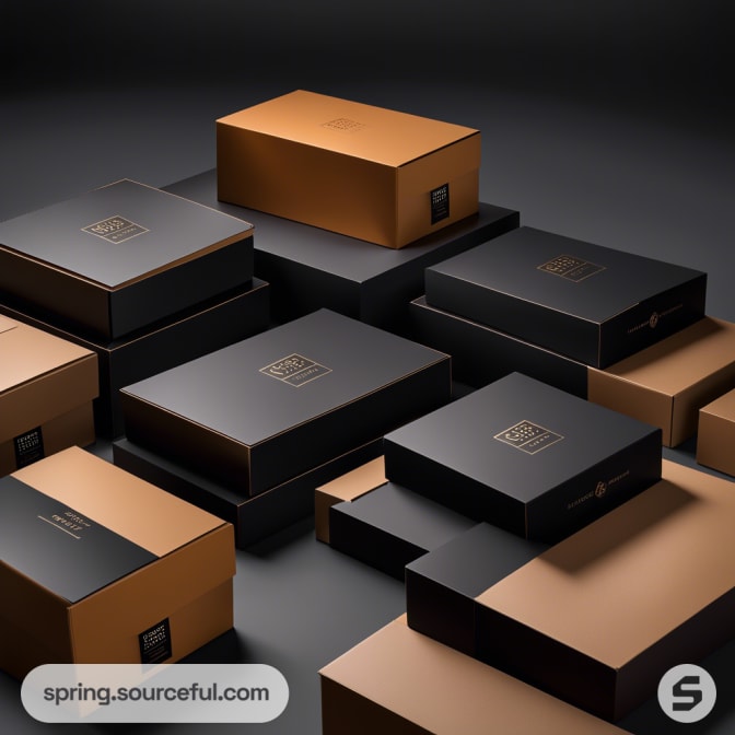 Assorted black and brown luxury boxes with gold detailing.