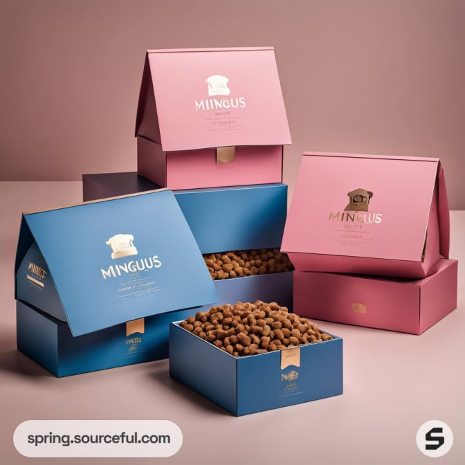 Pink and blue house-shaped boxes with pet food displayed.