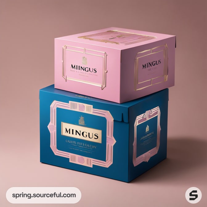 Stacked pink and blue boxes with ornate metallic designs.