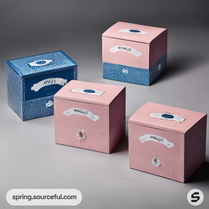 Pink and blue textured square boxes with labels.