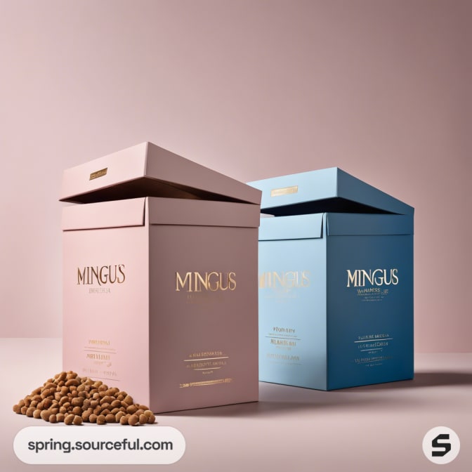 Tall pink and blue boxes with pet food spilling out.