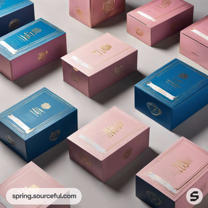 Array of rectangular pink and blue boxes with metallic accents.