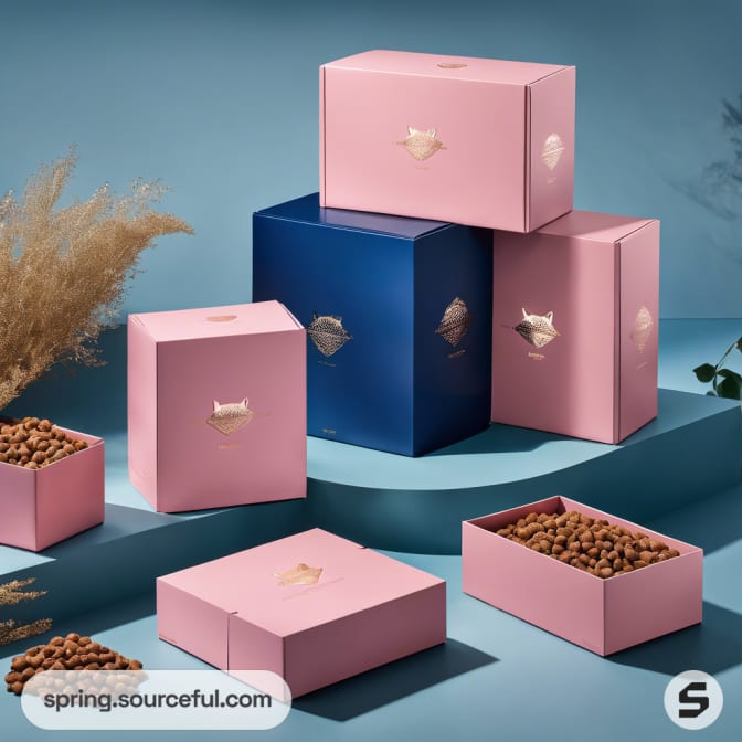 Pink and blue boxes with pet food against blue backdrop.