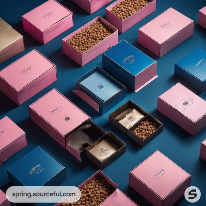 Assorted pink and blue boxes with visible pet food.