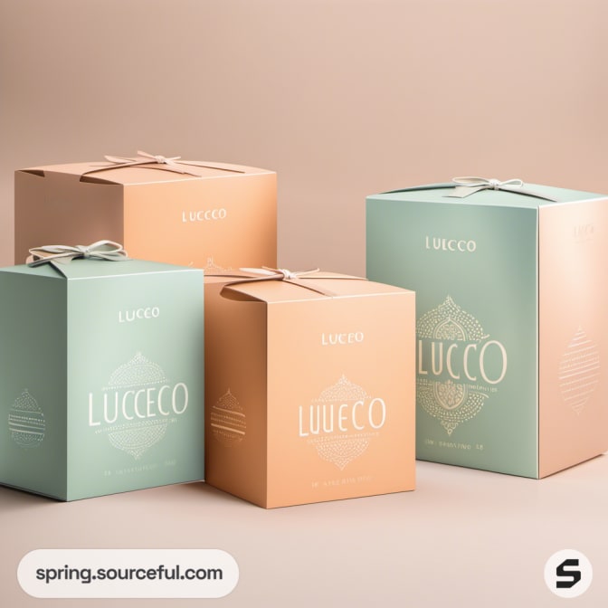Pastel-colored gift boxes with ribbons on a neutral background.