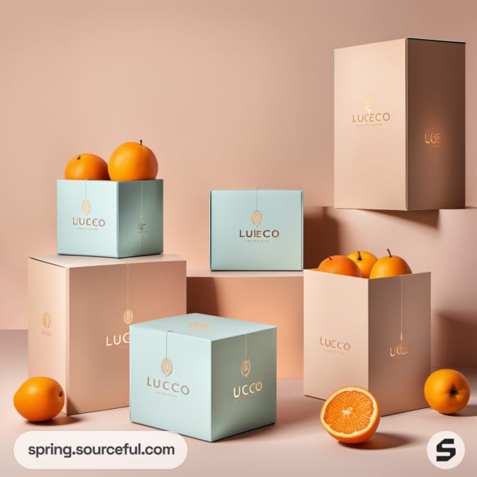 Assorted colored boxes with oranges, in a pastel setting.