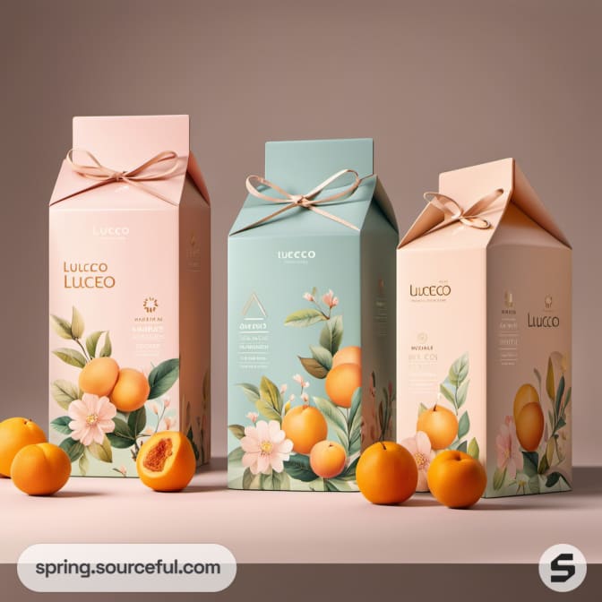 Tall boxes with floral illustrations and peaches, elegantly styled.