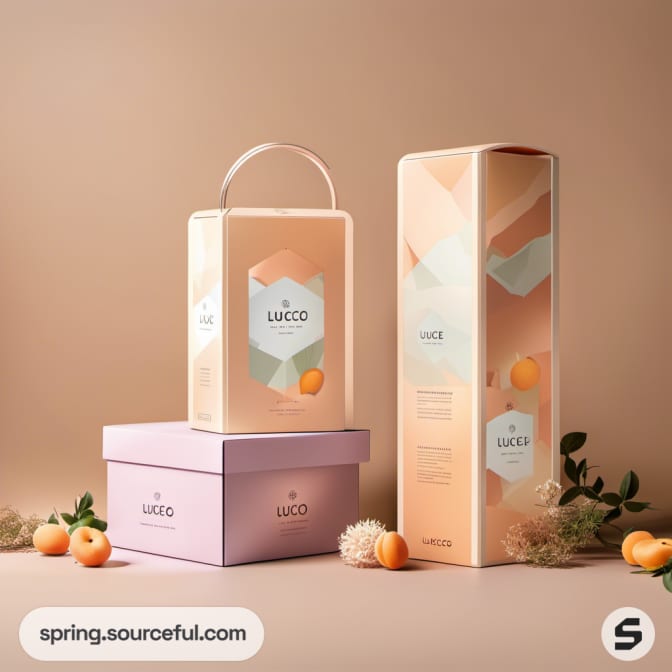 Two tall boxes with geometric designs and peaches, pastel colors.