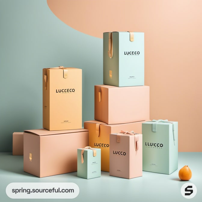 Stacked boxes with handles in orange and mint, pastel shades.