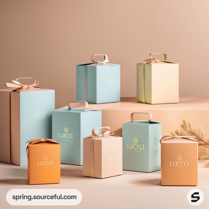 Small gift boxes with ribbons in pastel colors on a neutral background.