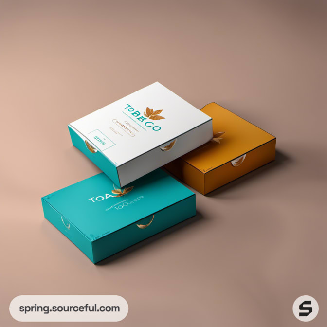 Three tobacco boxes in teal, white, and gold on a tan surface.