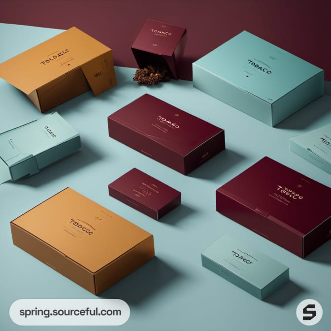 Assorted tobacco packaging arranged on colorful surfaces.