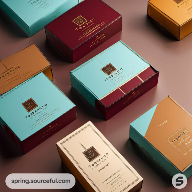 Variety of tobacco boxes in teal, maroon, and gold.