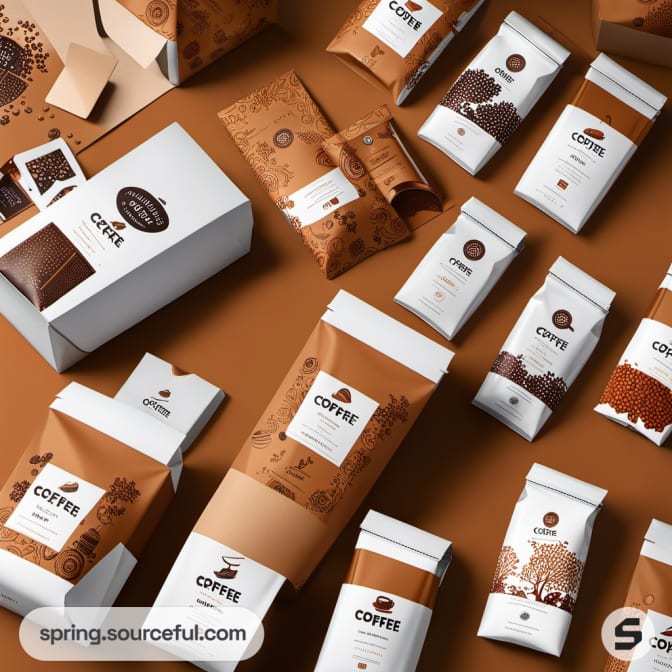 Assorted coffee packaging on brown surface featuring resealable pouches and boxes.