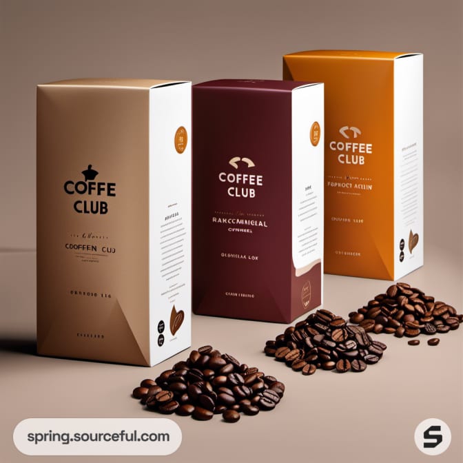 Three coffee club boxes with beans on tan background, various colors.